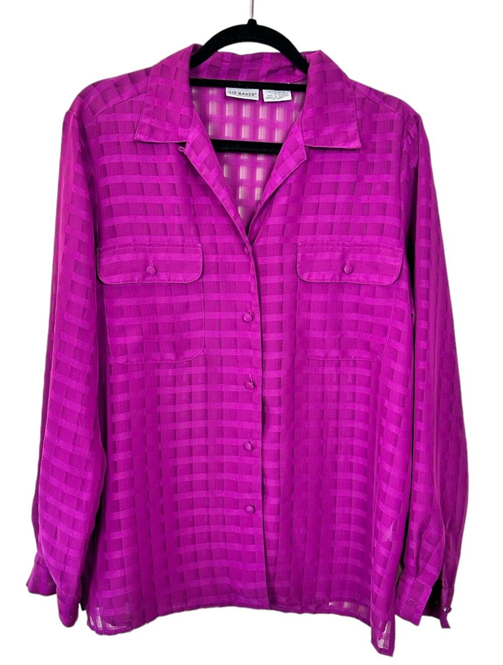 LIZ BAKER Purple Button Up Long Sleeve Semi Sheer Checker Blouse Shirt Sz: 10/XL